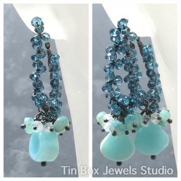 SOLD  Peruvian Blue Opal Moonstone London Blue Quartz Blue Opal Waters Luxe Beach Boho Wedding Kidney Hoops 1.75"