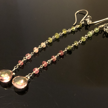 Earrings Shoulder Sweep Pink Green Tourmaline Sterling Silver Wrapped Luxe Jewelry Wedding Blue Flash Rainbow 4.0"