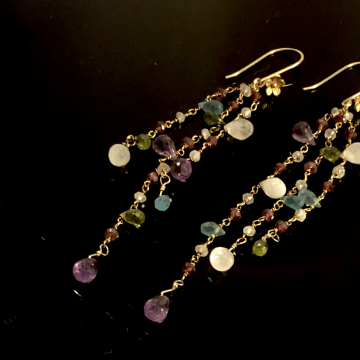 Earrings Shoulder Sweep Amethyst Moonstone Peridot Apatite Dusters 14KGF Fringe Wrapped Gold Earrings Luxe Jewelry Wedding Blue 5.0"
