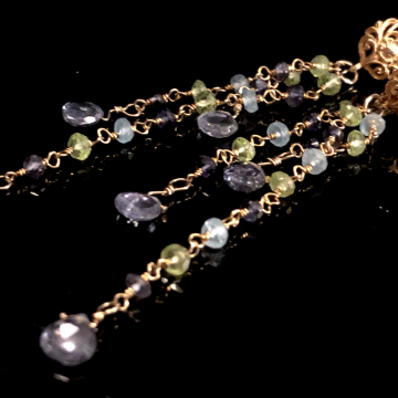 Iolite Briolettes Peridot Apatite Iolite 14K GF Fringe Wrap Gold Earrings 24K Vermeil Post Luxe Jewelry Wedding Blue Flash Rainbow 3.0"