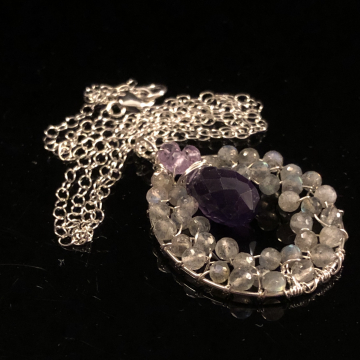 Mystic Labradorite Pink Amethyst & Amethyst Circle of Love Sterling Silver Handmade Wirewrapped Pendant Luxe Jewelry