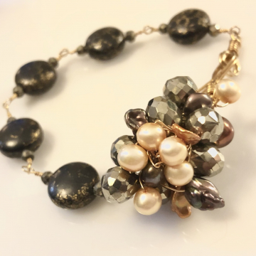 Bracelet Love You Forever, Freshwater Pearl, Pyrite, Black Turquoise Handmade Artisan