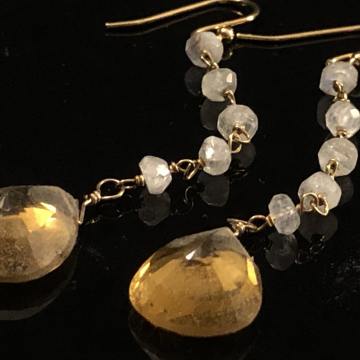 SOLD Earrings Rainbow Moonstone Citrine Briolettes 14K GF Wrapped Gold Earrings Luxe Jewelry Wedding Blue Flash Rainbow 2.5"