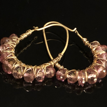 Earrings Hoop Pink Topaz 24K GF Wire Wrapped Earrings Luxe Jewelry Wedding Bride Kidney Vermeil Hoops Pink Gemstones 1.50"