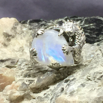 SOLD  Rainbow Moonstone Smooth Hand Cast Dragon Sterling Silver Boho Gypsy Ring Size 7