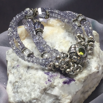 SOLD Denim Blue Quartz Five Strand Peridot Box Clasp Luxe Boho Gypsy Bohemian Jewelry Gemstones Handmade 7.5" Trendy Artisan Fine