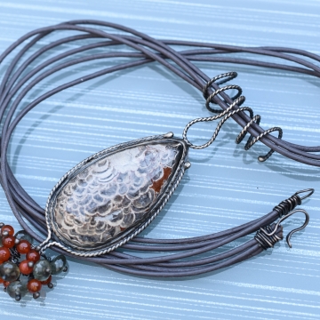 SOLD Organic Peacock Silversmith Necklace Mushroom Jasper Carnelian Moss Aquamarine Leather Sterling & Fine Silver Handmade Necklace Luxe Jewelry