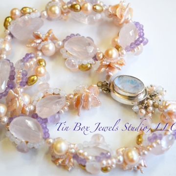 SOLD Pink Sea Petals Sensual Playful Statement Necklace Freshwater Pearls Moonstone Amethyst Rose Quartz 6 Strand Cluster Luxe Wedding Luxury 20"